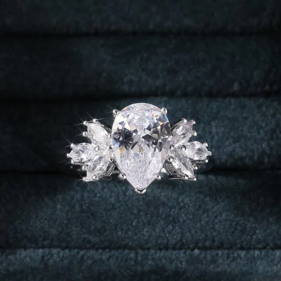 💥Beautiful Water Drop With Leaf Crystal Pure CZ Silver Pear Wedding Ring, K800 - Picture 3 of 7